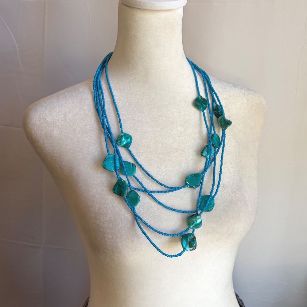 Turquoise Blue Multi Strand Seed Bead Layered Necklace with Iridescent Accents